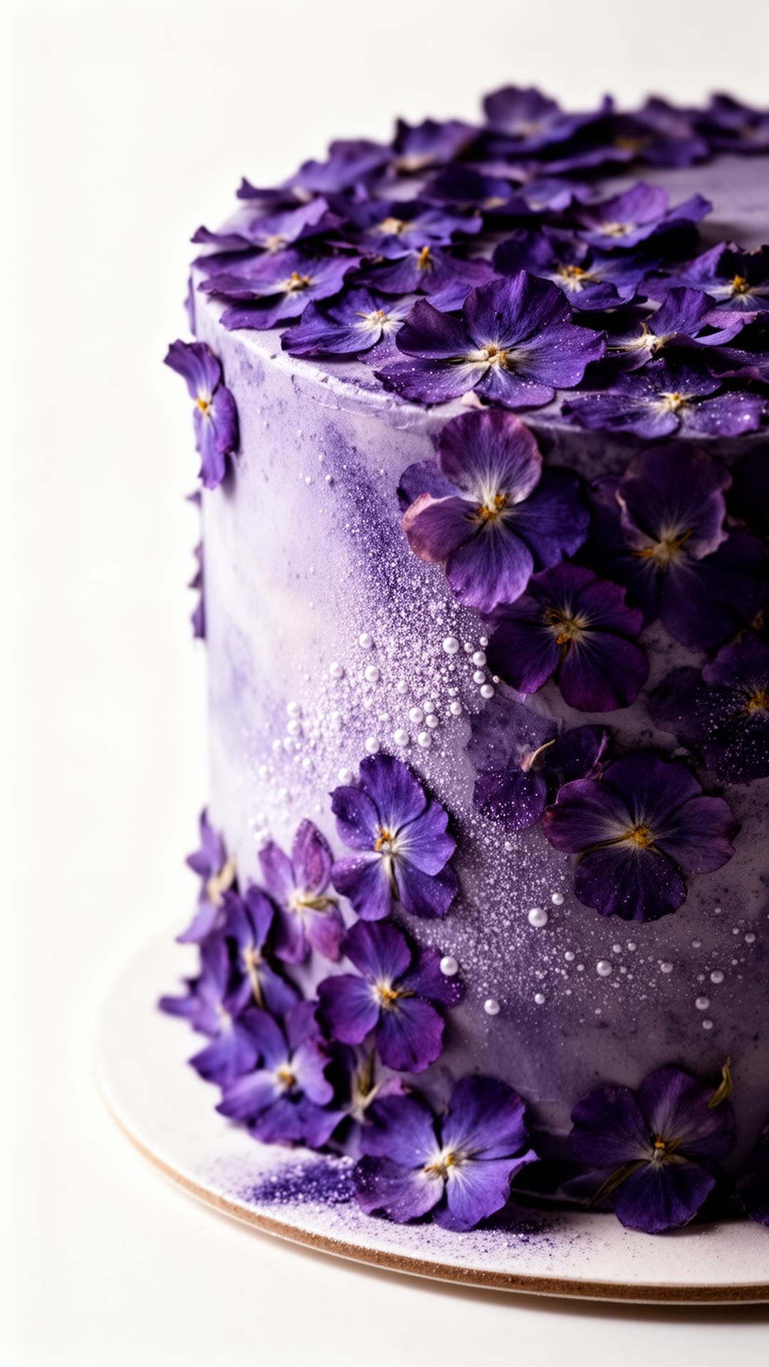 A custom cake covered in pressed violet flowers and pearl dust
