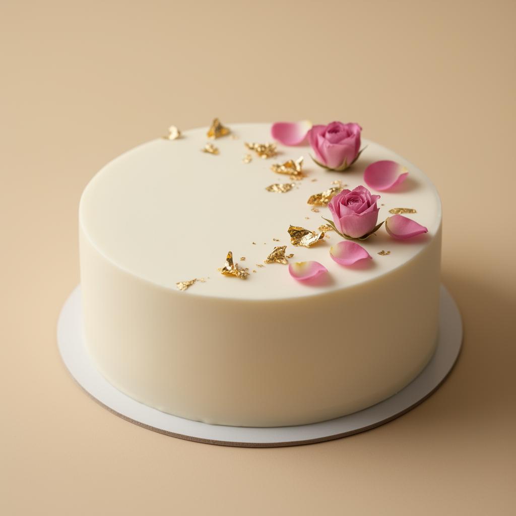 A luxury white cake with edible gold leaf and rose petals